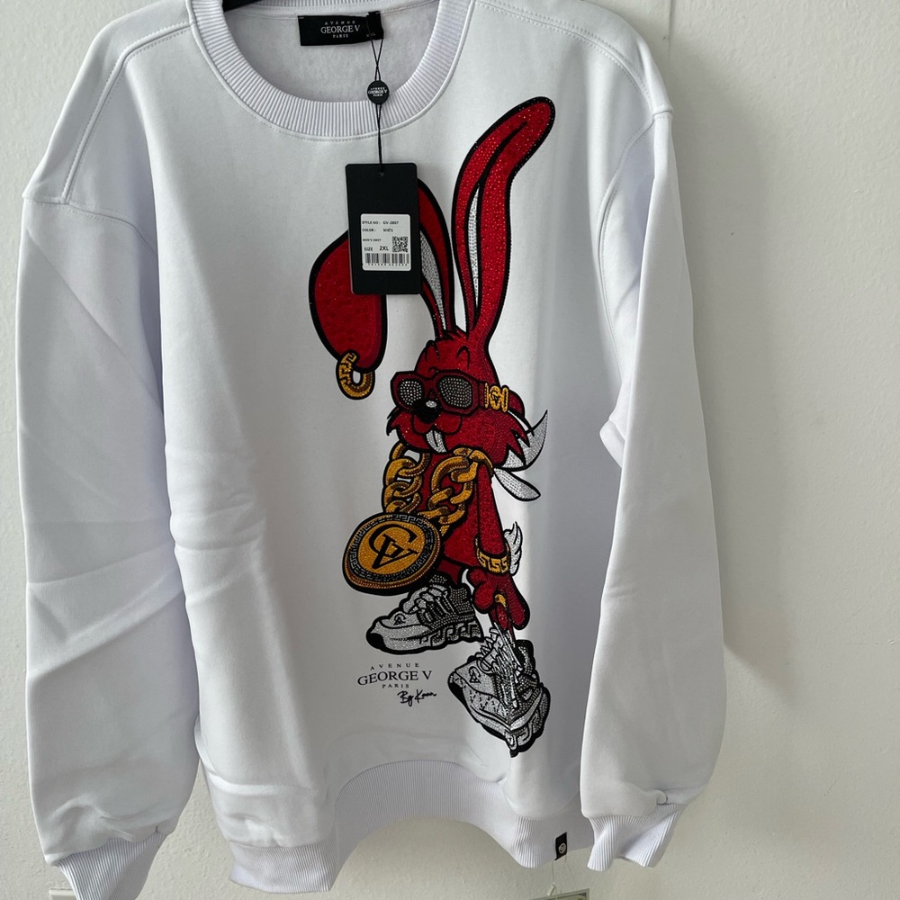 Avenue George V Paris White Sweatshirt Long sleeve pullover Bunny Rhinestone 2XL